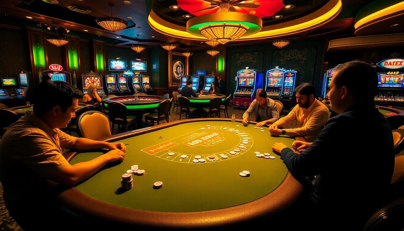 Players enjoy an intense poker game at b52, surrounded by vibrant casino lights and excitement.