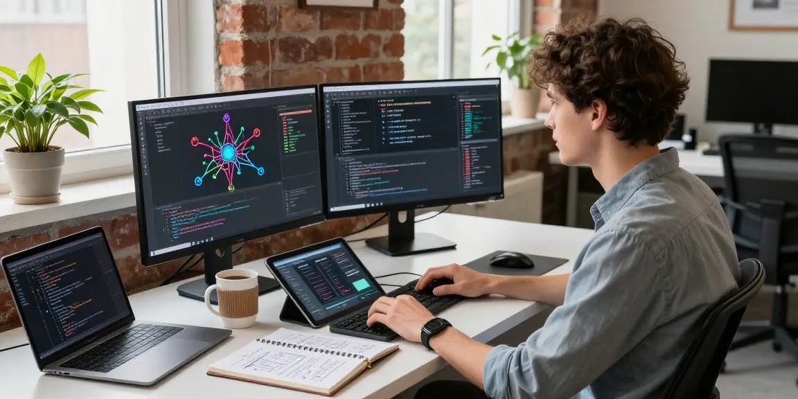 Diverse tech workspace illustrating the use of 18+ ai for programming with vibrant code on dual monitors and a modern office setting.