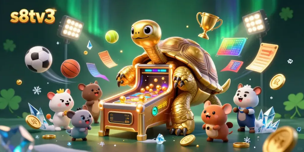 Experience excitement at s8tv3 with a golden tortoise pinball and vibrant sports elements in a stunning animated scene.