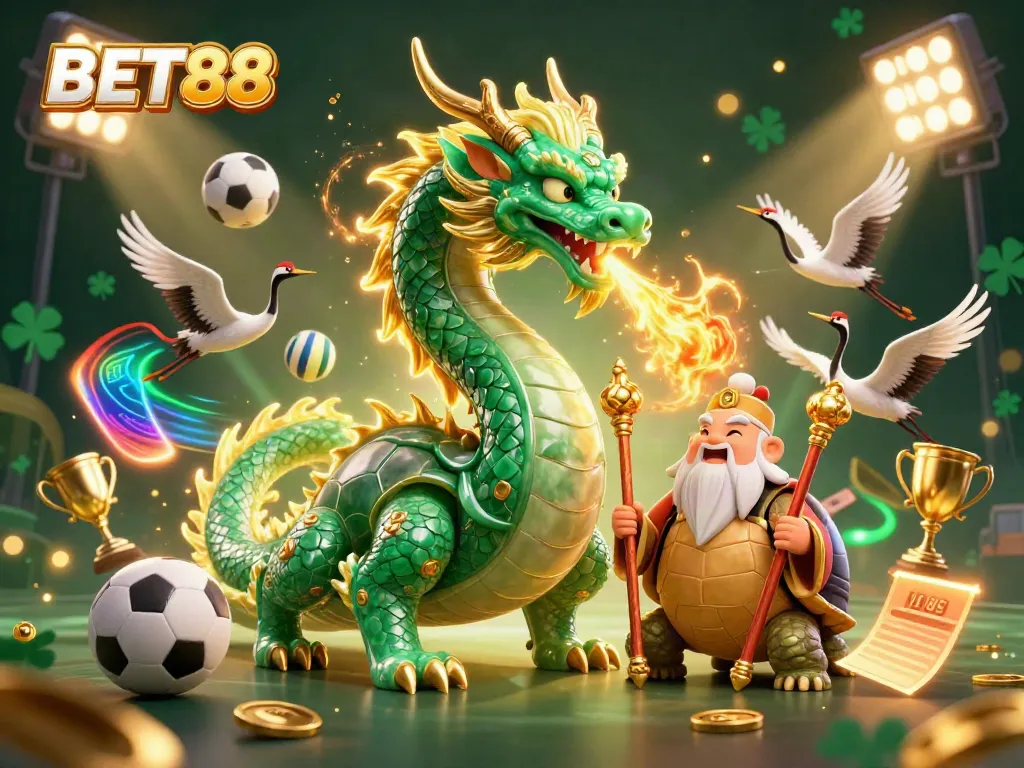 Experience the thrill of betting at BET88 with magical imagery of dragons, wise turtles, and dynamic sports elements.