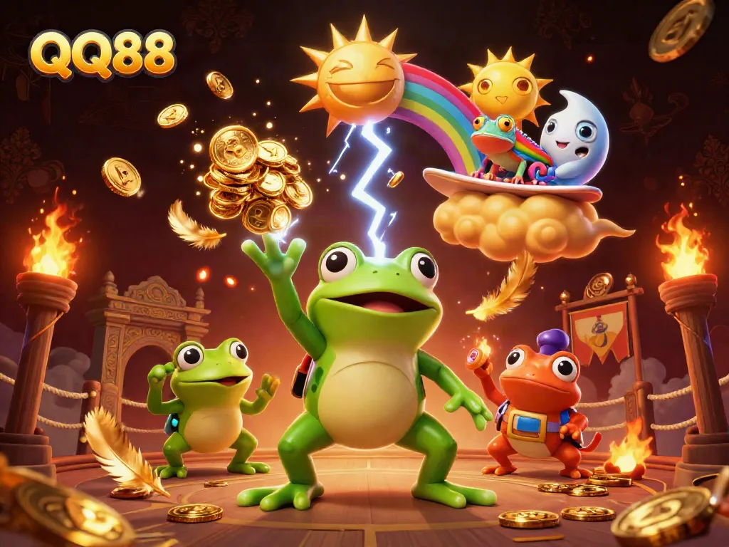 Experience QQ88 with a vibrant storm of golden coins and whimsical characters in this 3D casino scene.