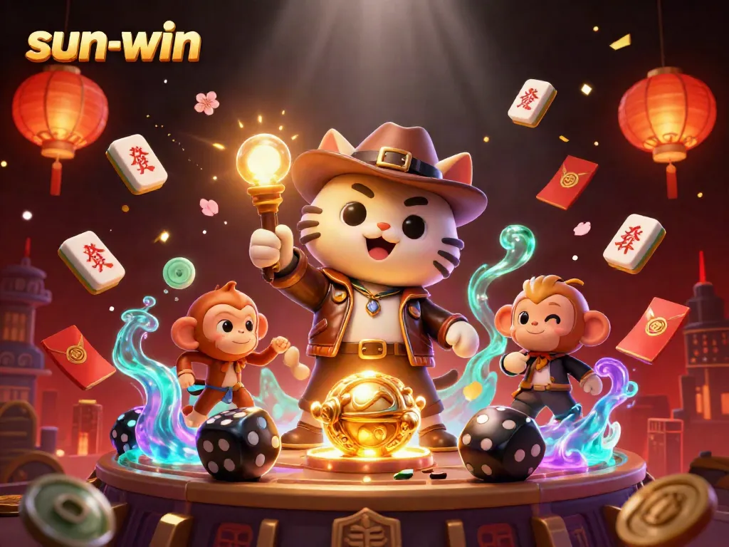 Engage with the vibrant sun-win gaming scene, showcasing a lucky cat and monkey unearthing treasure.