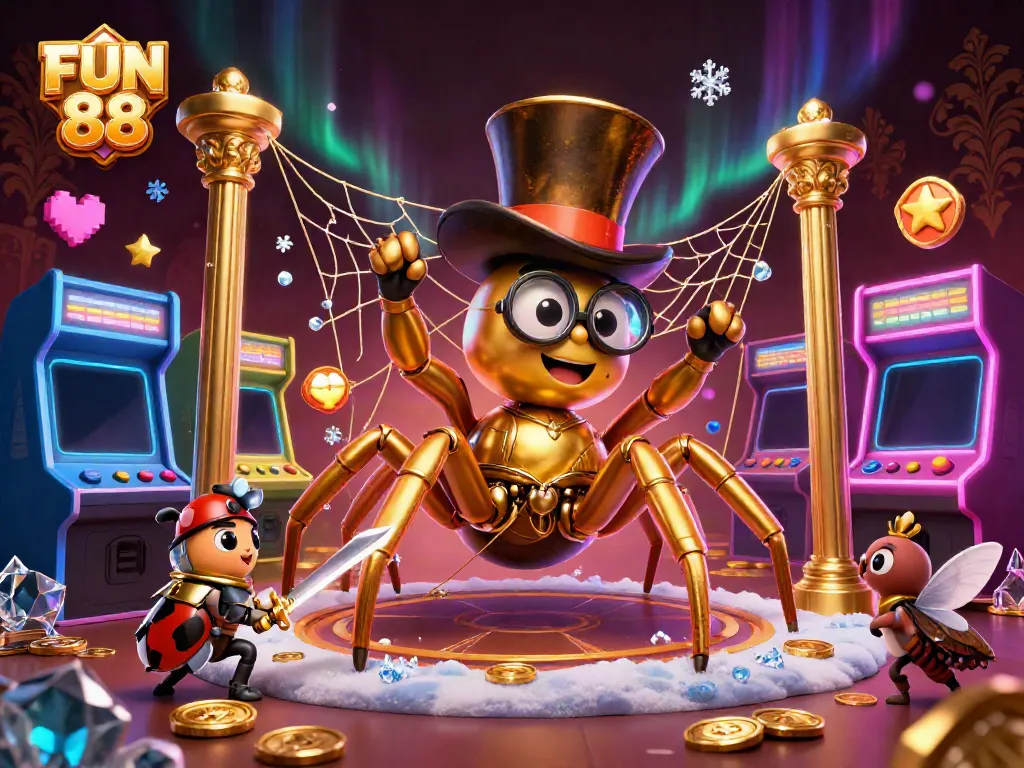 Witness the charm of FUN 88 as you explore a captivating casino scene with a golden tarantula and knight.