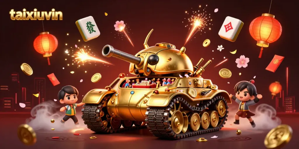 Engage with taixiuvin's dynamic casino scene showcasing a golden beetle tank with games and festivities.