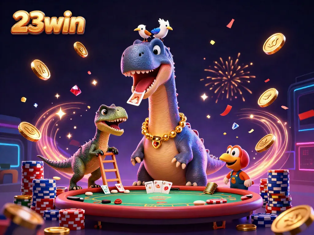 23win showcases an exciting casino scene with a playful dinosaur and a card-dealing raptor amidst casino treasures.