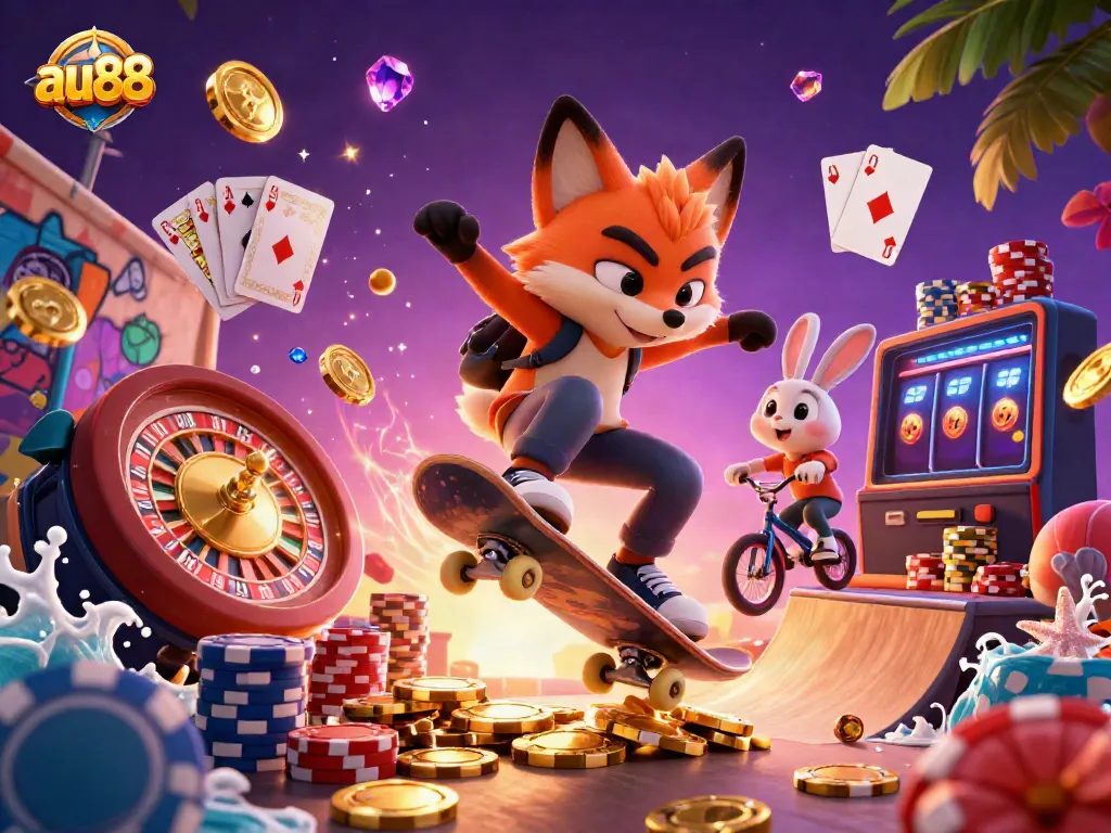 Experience exciting gaming action with au88 as a cartoon fox skater and rabbit in a lively casino scene.