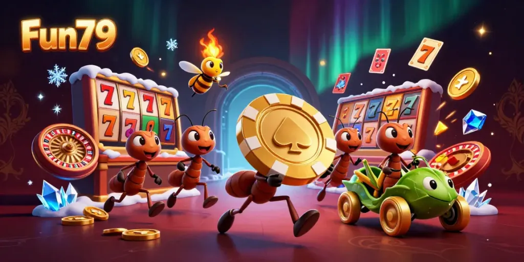 Fun79 ants heisting golden poker chip in a vibrant casino scene with dynamic elements.