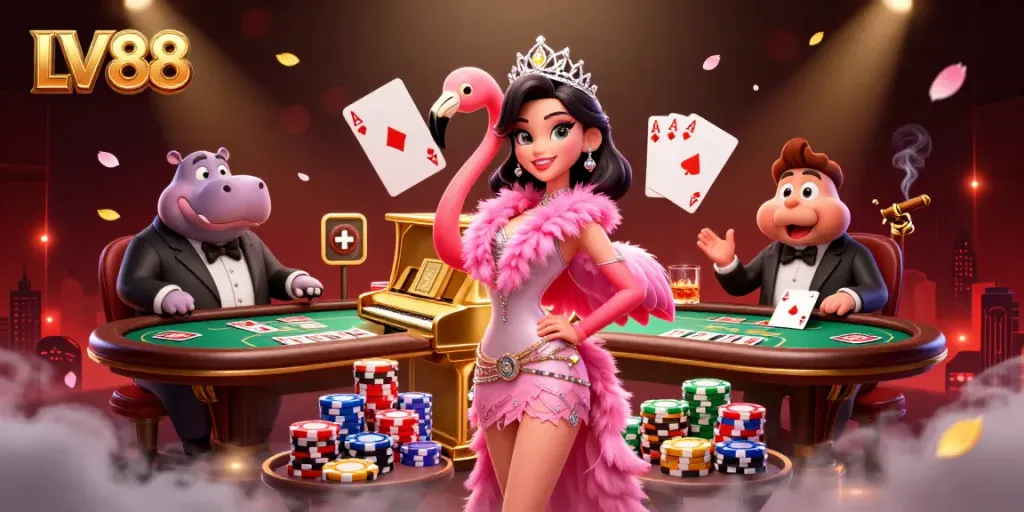 Engage in LV88's lively casino scene featuring a singing flamingo, poker elements, and vibrant colors.