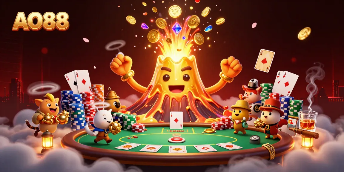 Experience thrilling wins at AO88 with an erupting volcano pouring treasure in a vibrant casino scene.