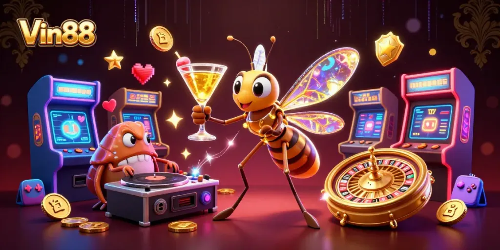Spin the golden roulette wheel at Vin88 with vibrant 3D game elements and engaging characters.