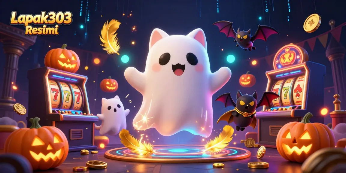 Engage with the thrilling world of Lapak303 Resmi featuring vibrant ghosts and casino elements in a lively scene.