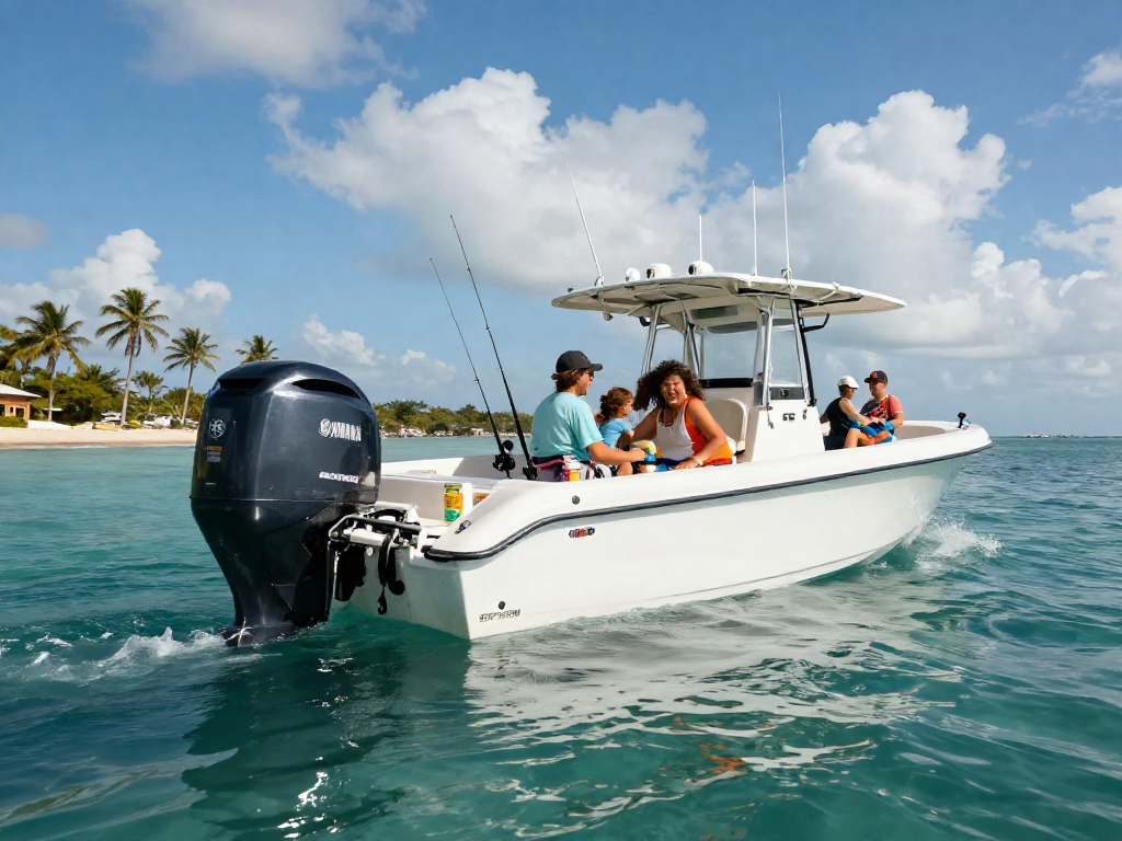 Yamaha outboard engine powering family adventure on water, showcasing outboardenginehub.com for best deals.