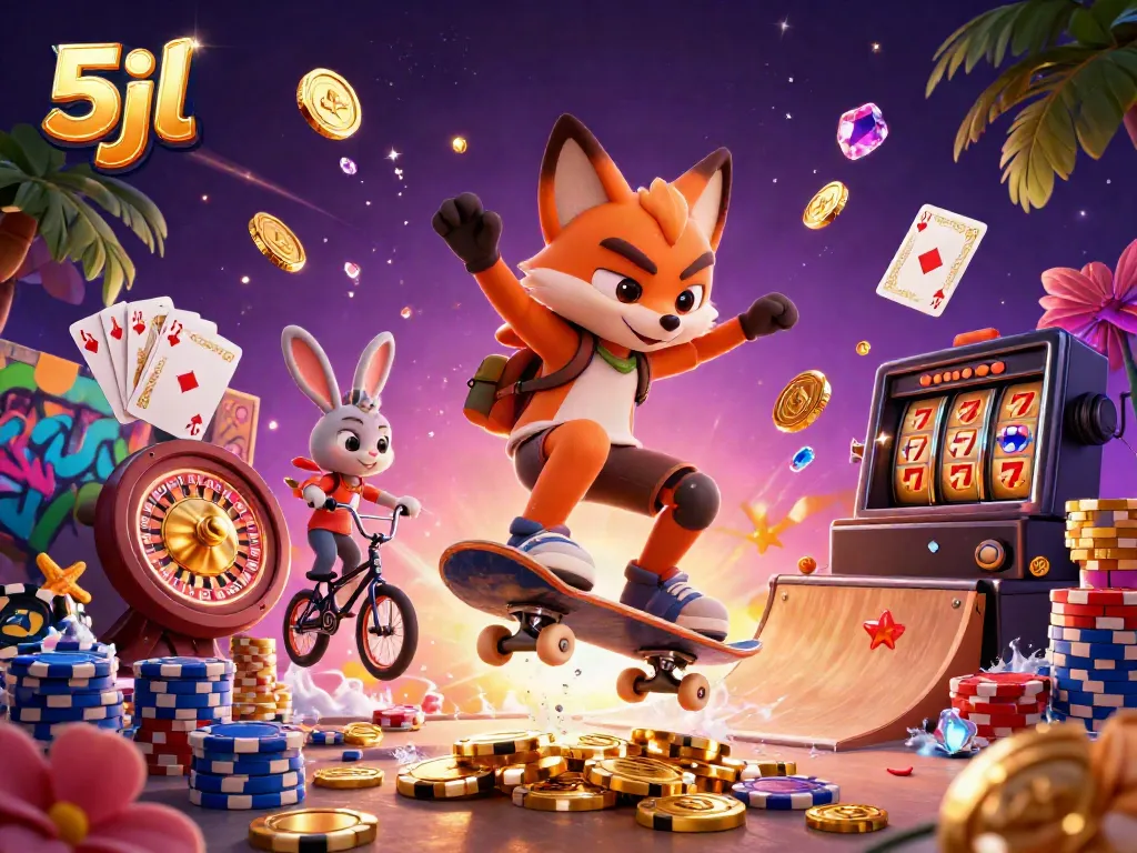 Experience 5jl casino thrill with a fox and rabbit in a vibrant gambling scene.