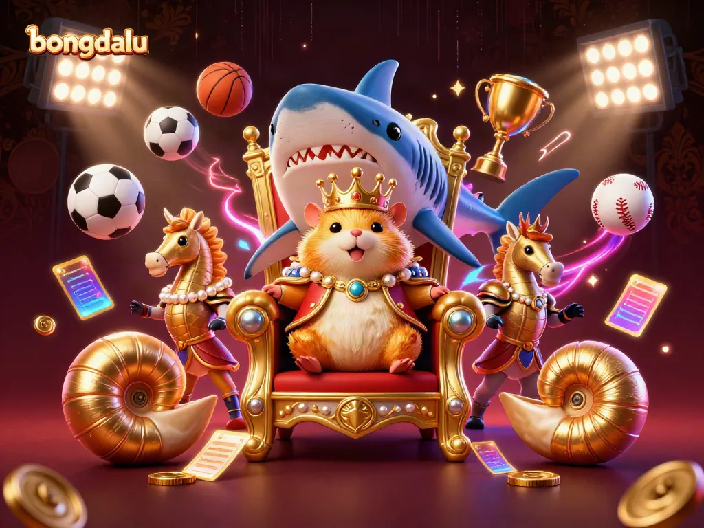 Bongdalu sports betting scene featuring a golden hamster king, dynamic sports balls, and vibrant action elements.