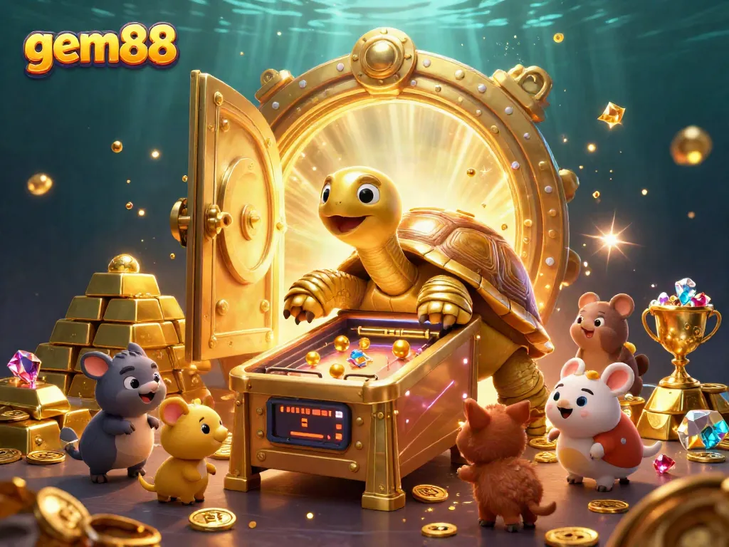 Experience the thrilling sensations of gem88 with a 3D cartoon illustration of a golden tortoise pinball machine.