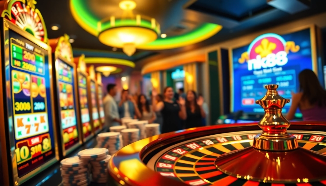 Experience the thrill of nk88 with vibrant slot machines and poker chips in a lively casino setting.