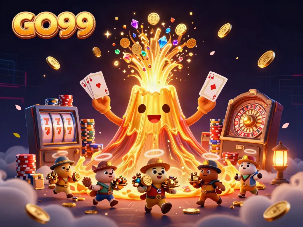 Spin to win with GO99 as coins and gems erupt in a vibrant casino scene.