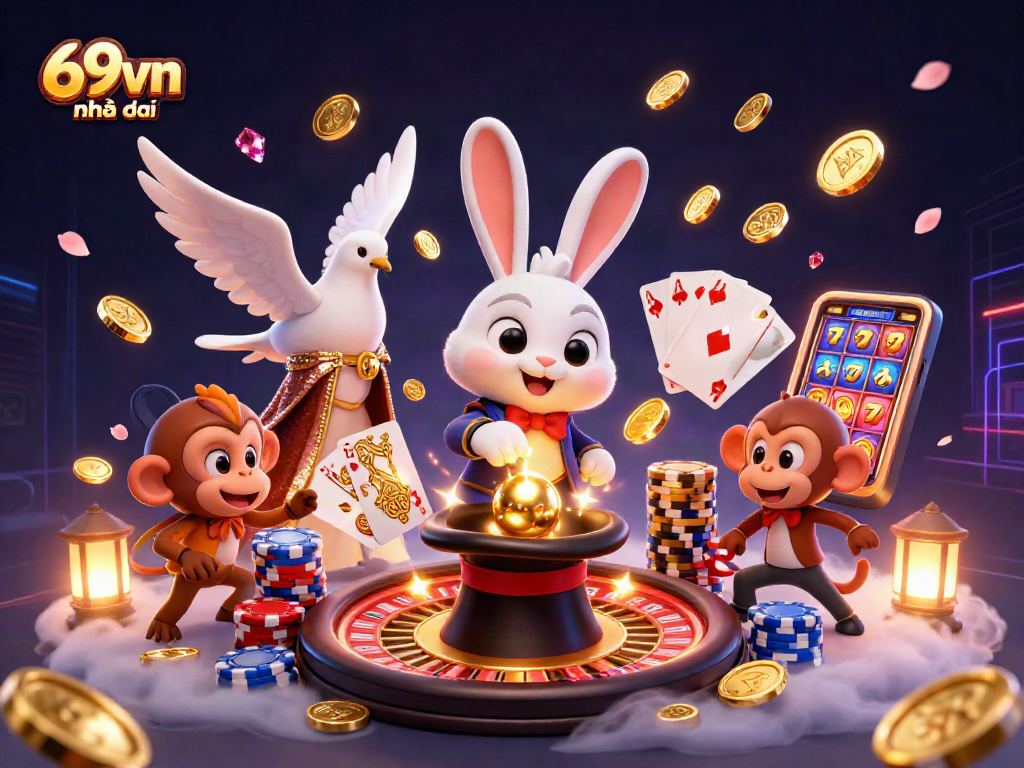 Experience the thrill of gaming with 69vn nhà cái, featuring a magical scene of a rabbit magician and vibrant casino elements.