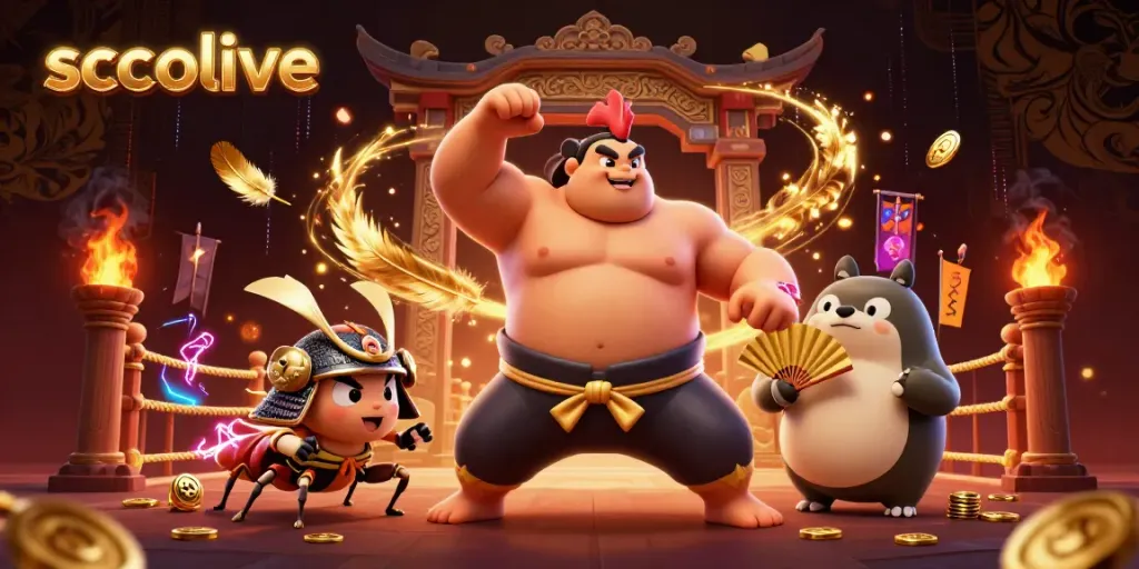Socolive showcases intense sumo wrestling action with gaming elements in a dynamic scene.