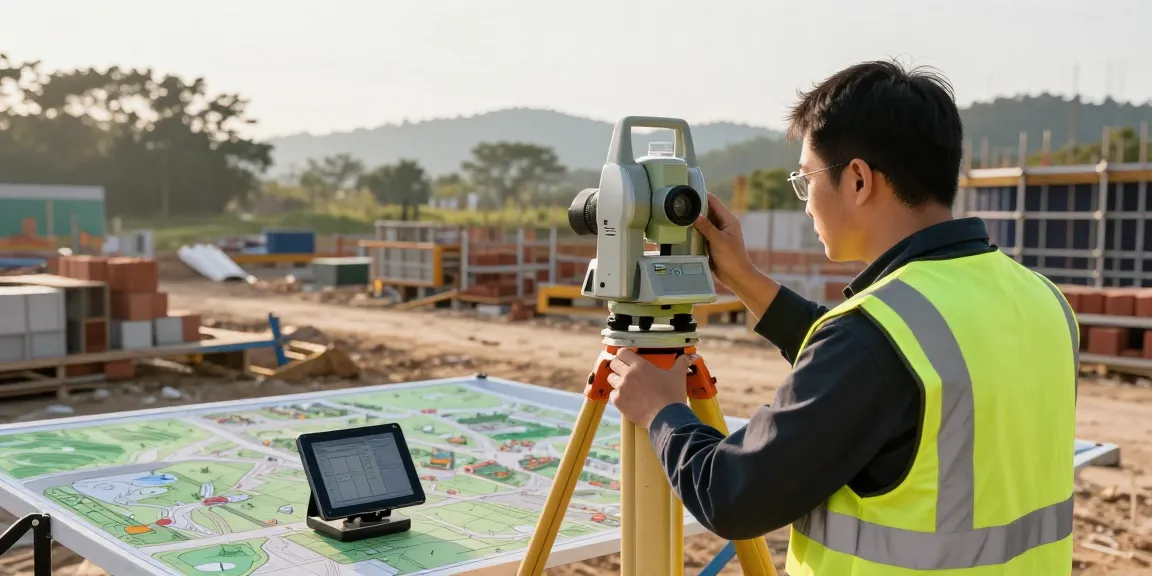 Topographical surveys in action with surveyor using a total station at a construction site.