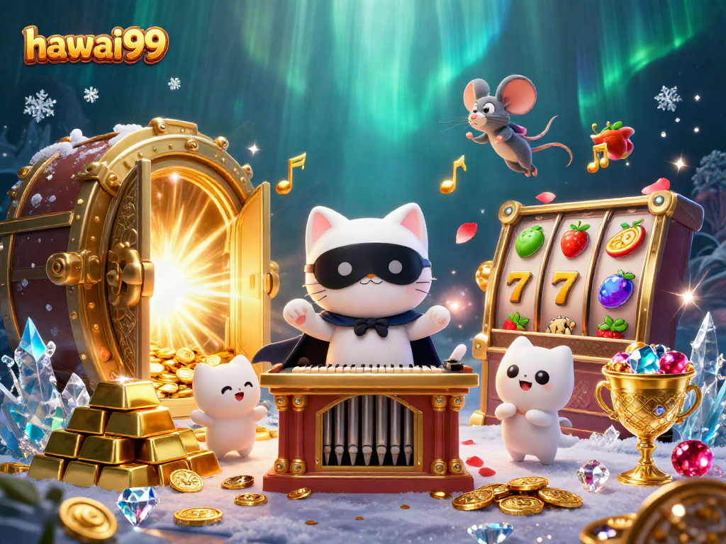 Engage with hawai99 by spinning slot reels amidst a vibrant casino scene filled with treasures.
