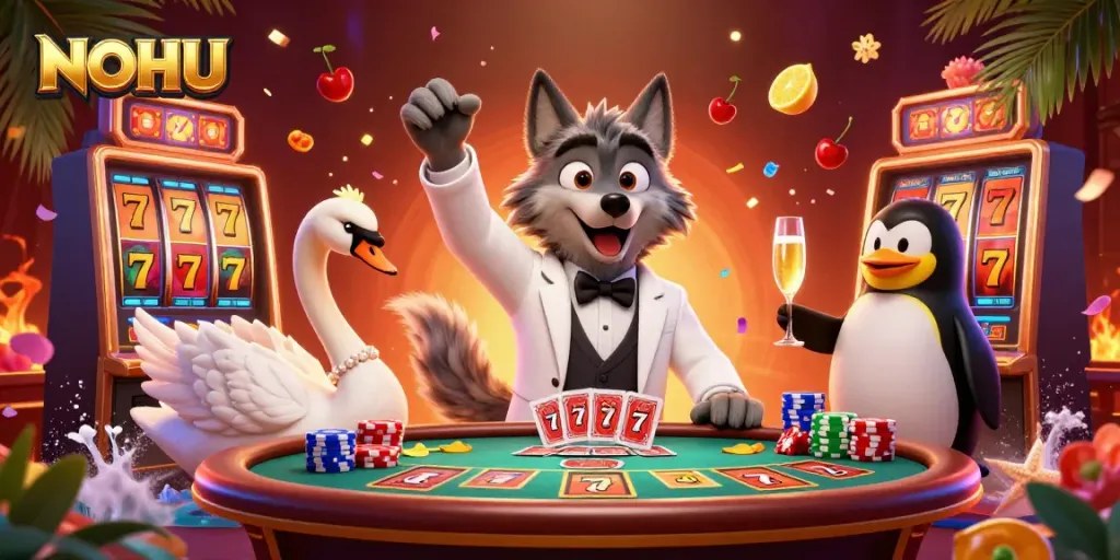 Engage with NOHU's thrilling casino scene featuring a debonair wolf, elegant swan, and penguin sommelier amid vibrant slots and jackpot lights.