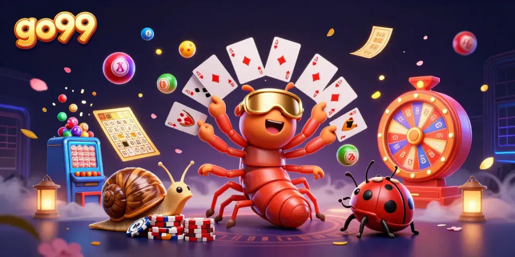 Experience the excitement at go99 with colorful lottery games and engaging characters in a dynamic casino scene.