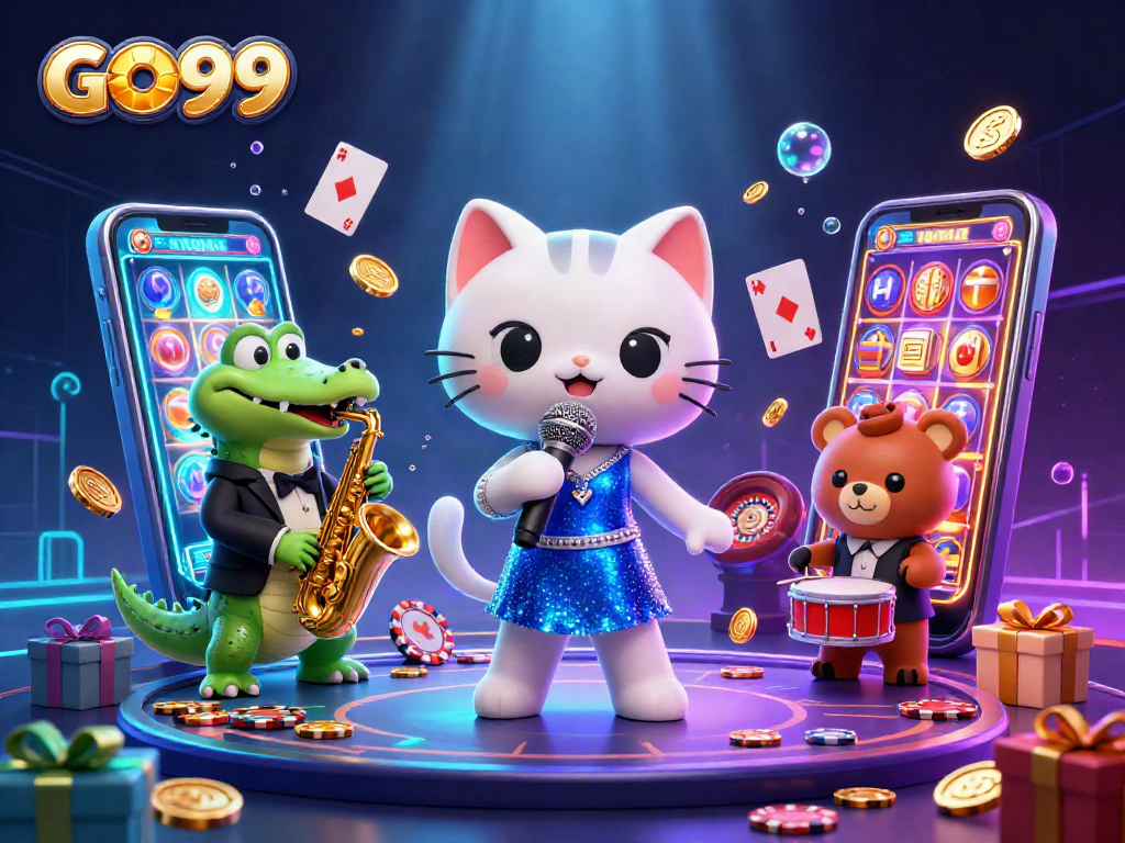 Experience GO99 slots with a vibrant casino scene featuring a singing cat and jazzy companions.