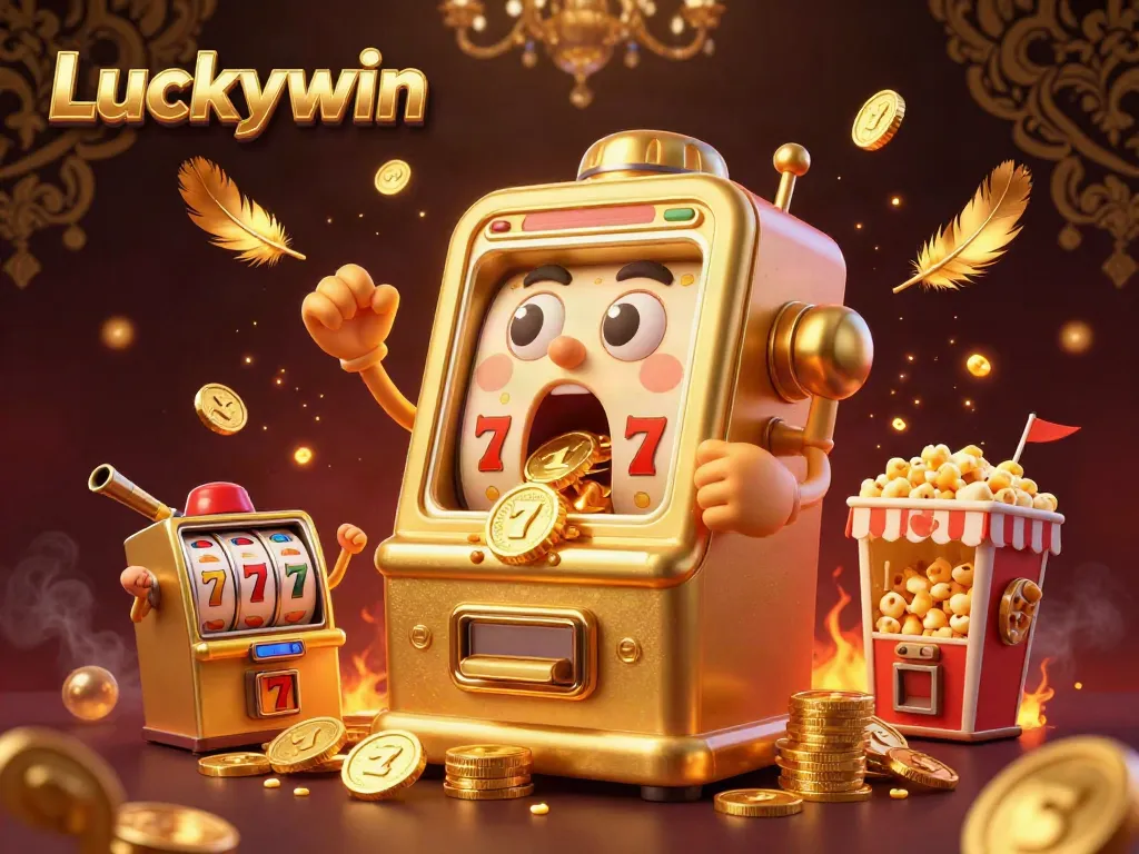 Winning at Luckywin with a joyful golden slot machine celebrating its jackpot victory.