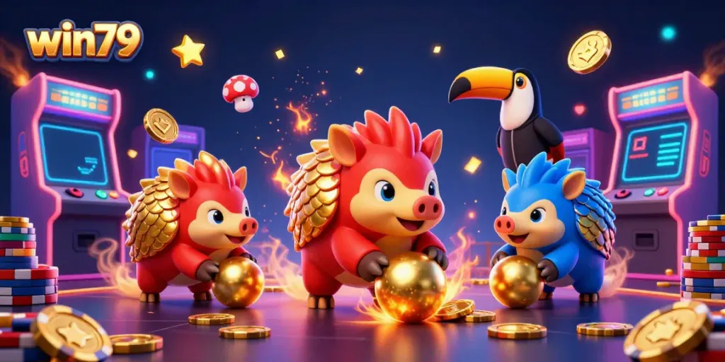 Win79 pangolins enjoying a colorful casino arcade experience with vibrant game elements and a playful atmosphere.