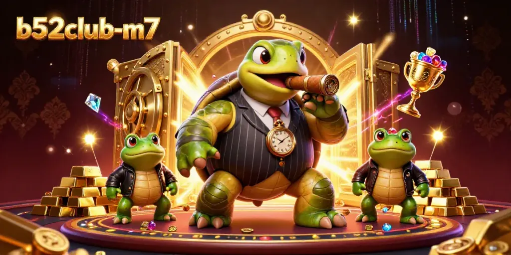 Experience excitement at b52club-m7 with vivid 3D casino illustration featuring a turtle mobster and gems.
