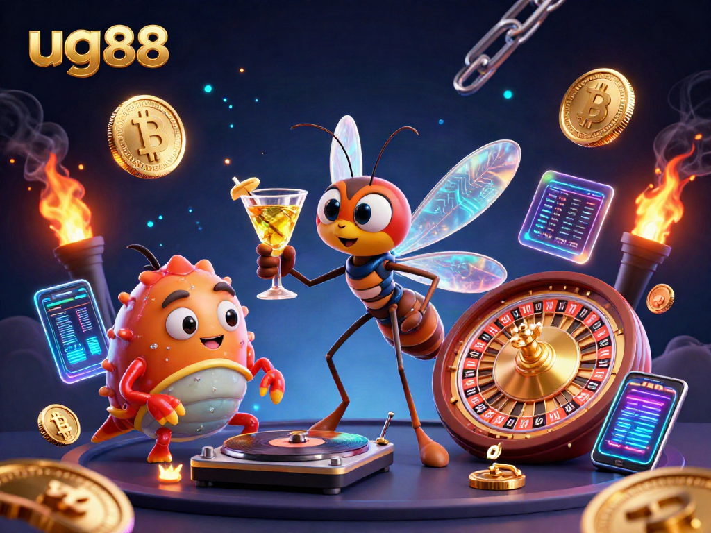 Experience excitement with ug88 at a vibrant casino scene showcasing a golden roulette wheel and crypto elements.