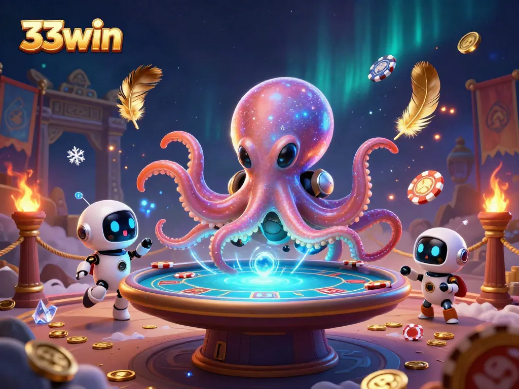 Engage with 33win's dynamic poker scene featuring an alien octopus, robot companion, and cosmic chips.