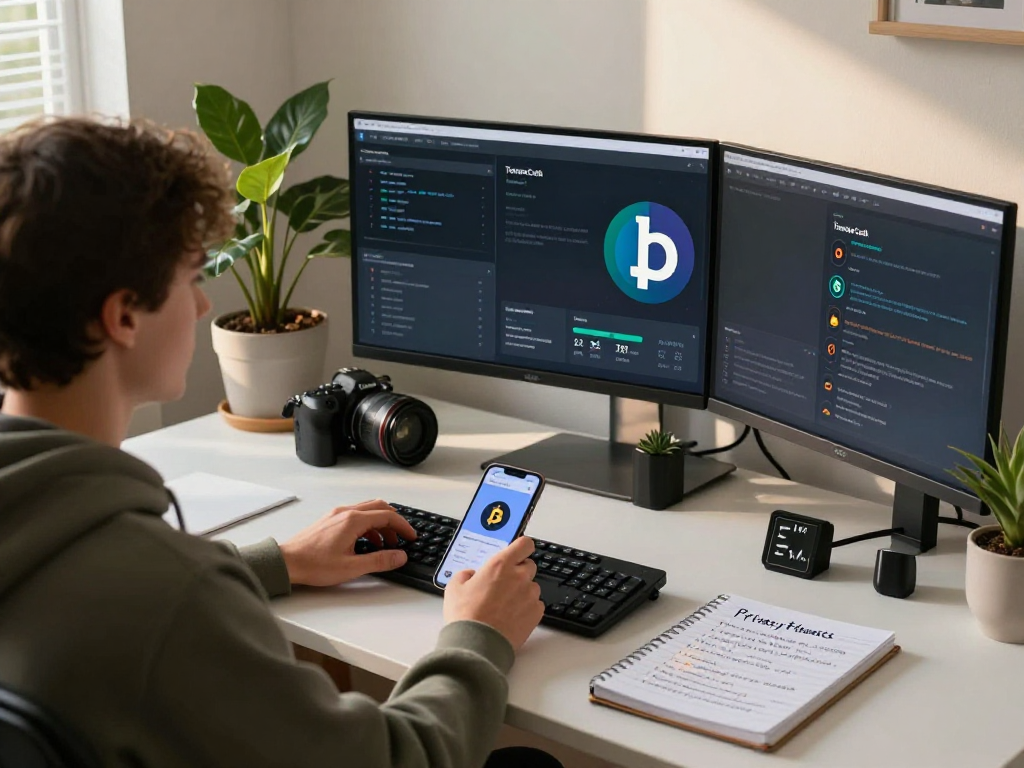 Tornardocash privacy in a modern workspace with multiple screens, highlighting secure transactions and crypto analytics.