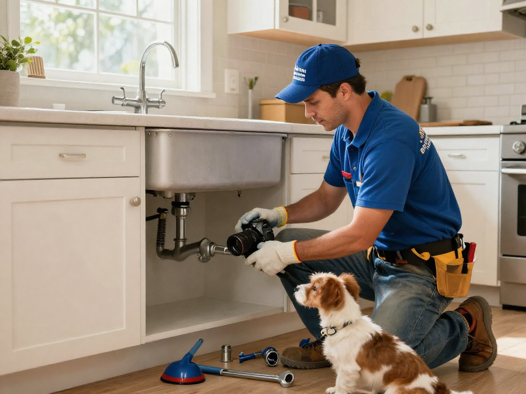 Plumber from Blue Moon Plumbing and Rooter fixing kitchen sink, showcasing home repair expertise.