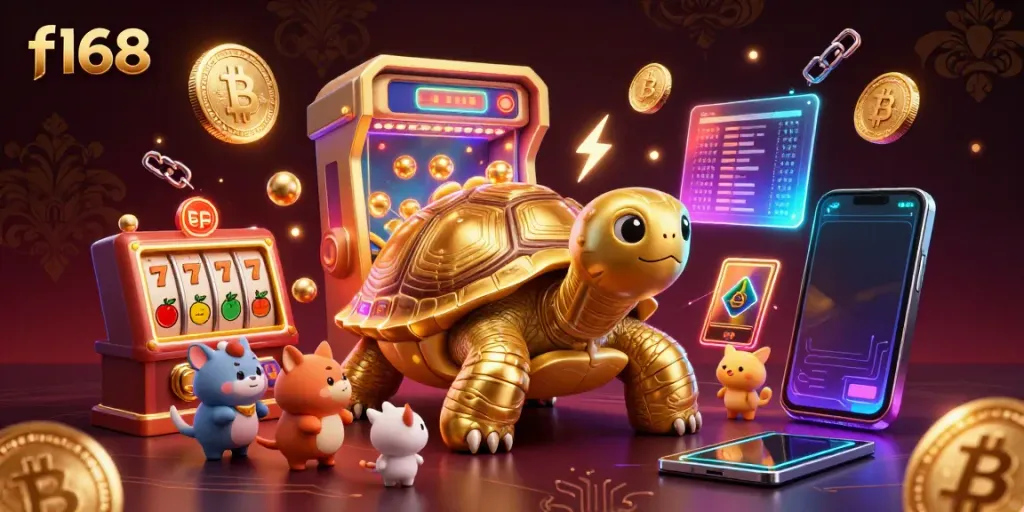 Engage with f168's thrilling slot game experience featuring a lively golden tortoise pinball machine.