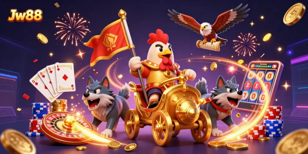 Experience Jw88's captivating casino adventure with a rooster warlord, roulette, and sparkling treasures.