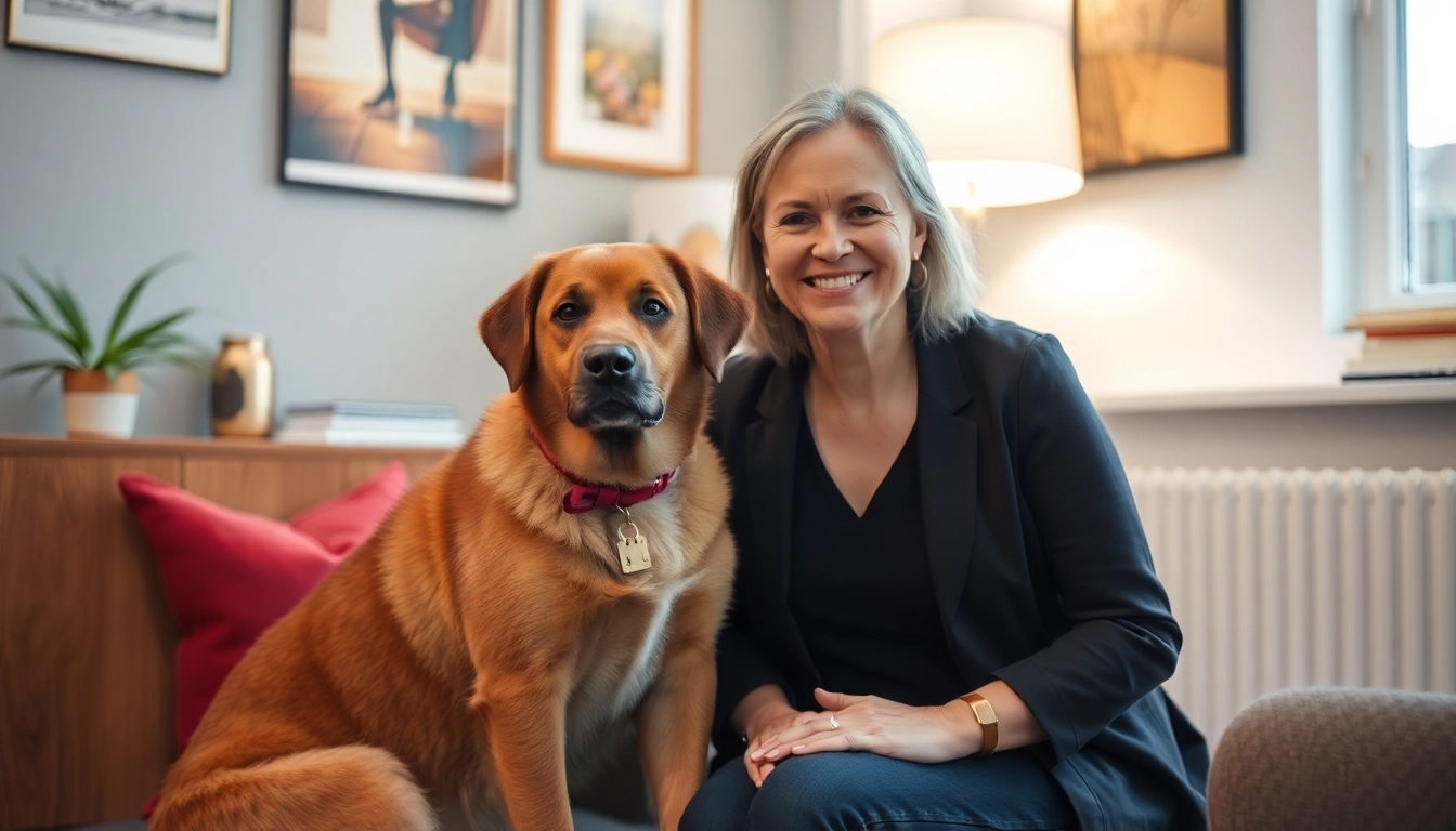 Therapist and therapy dog supporting clients as a Sydney psychologist in a welcoming environment.