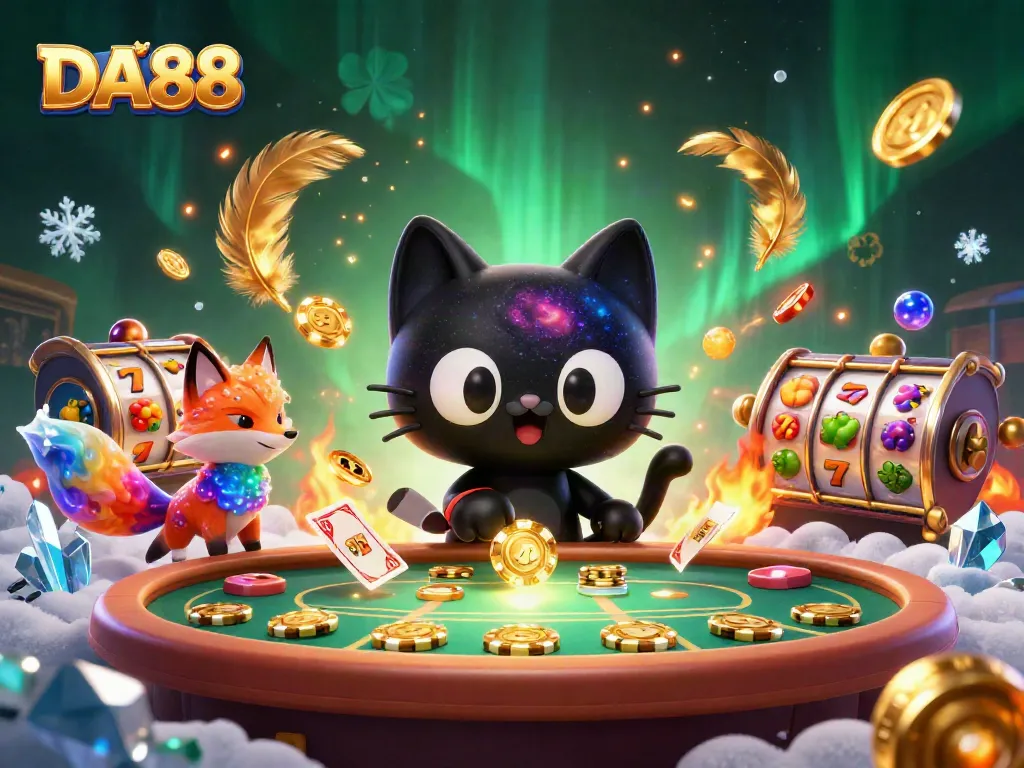 Win big with DA88 at the cosmic casino, pulling in rich golden chips and cards.