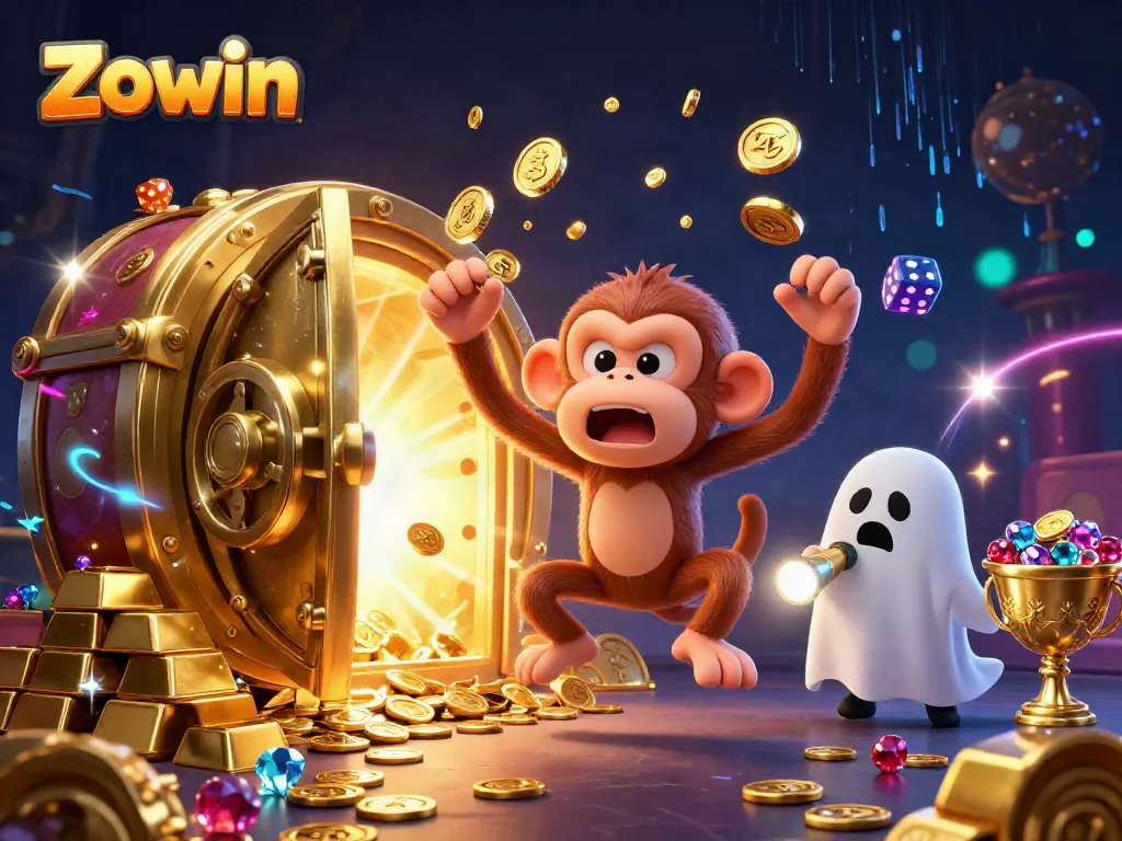 Experience Zowin thrills with a poltergeist monkey and ghost-hunter puppy in a dynamic casino scene.