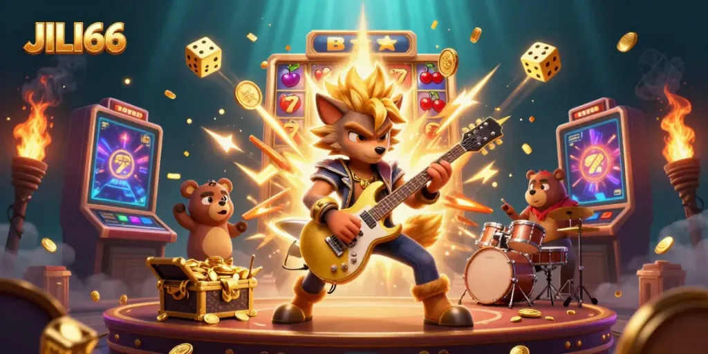 Witness the excitement of JILI66 as a rock star wolf performs on stage amidst vibrant casino elements.