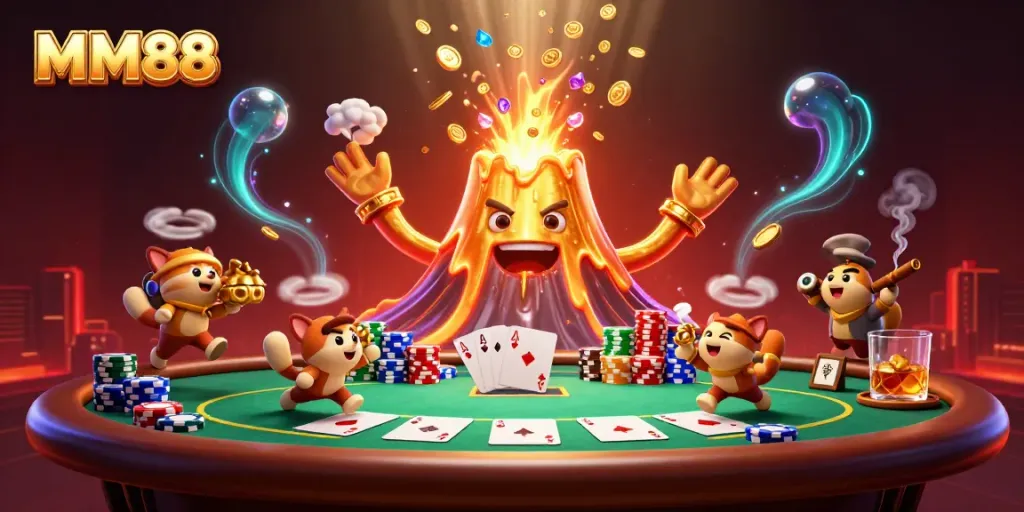 Experience thrilling fun with MM88 as the golden volcano bursts coins in a lively casino scene.