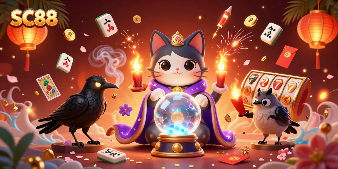 Spin the reels with SC88 in a mystical casino setting featuring a fortune teller cat and a tarot raven.