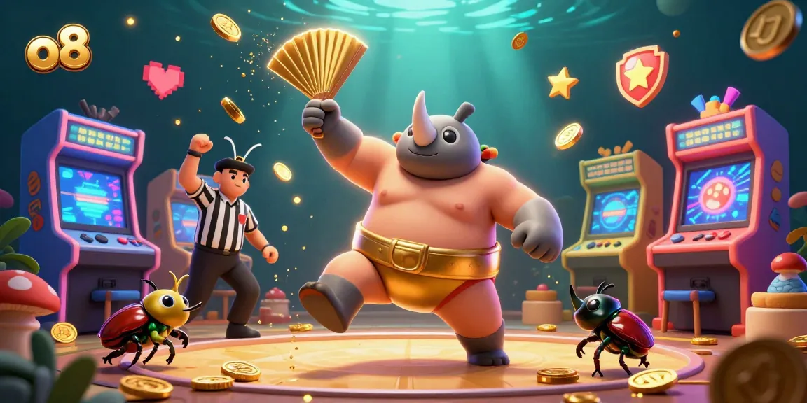 Join the excitement at o8, where a rhinoceros beetle champion defies odds in a golden casino scene.