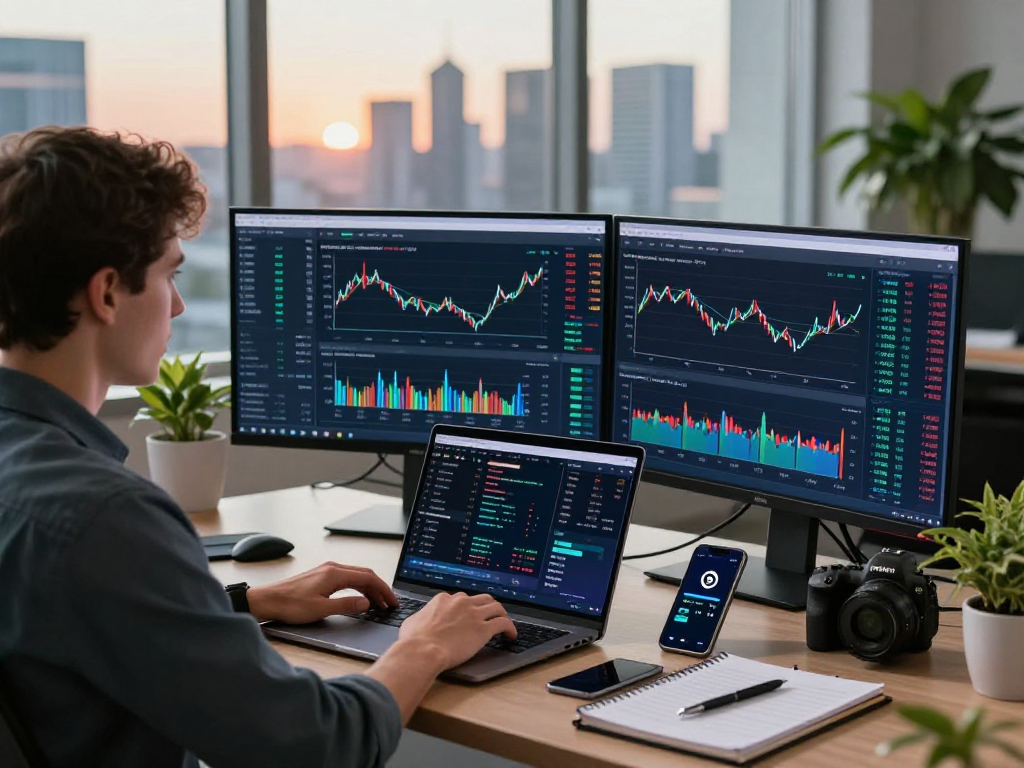 Traders using kyber-swap for cryptocurrency analysis in a modern workspace.