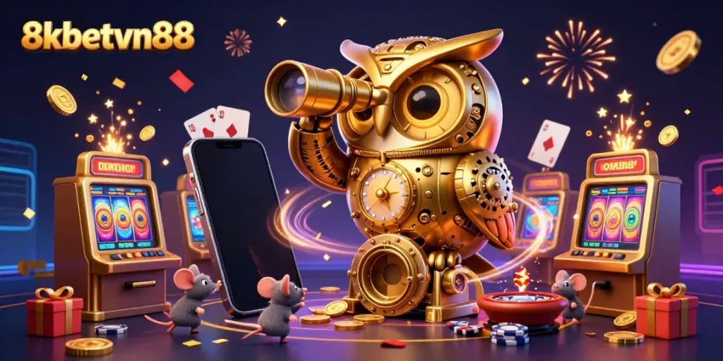 Experience the thrilling world of 8xbetvn88 with golden owl ambiance in this vibrant casino scene.