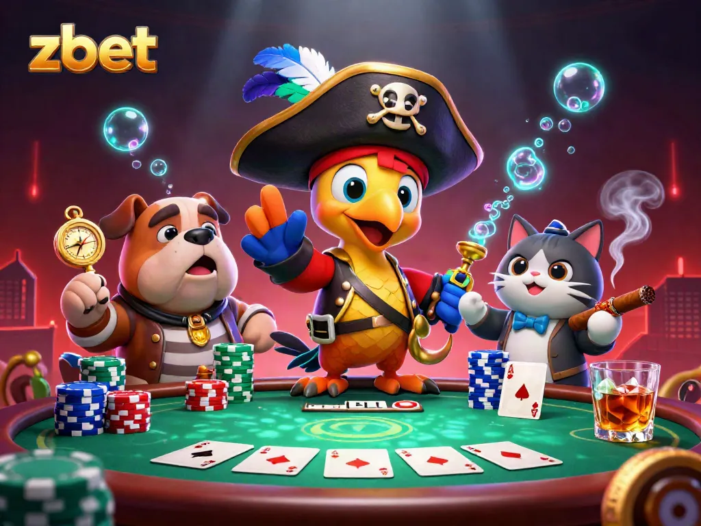 ZBET showcases a vibrant casino scene with a pirate captain, dog, and cat navigating poker action.