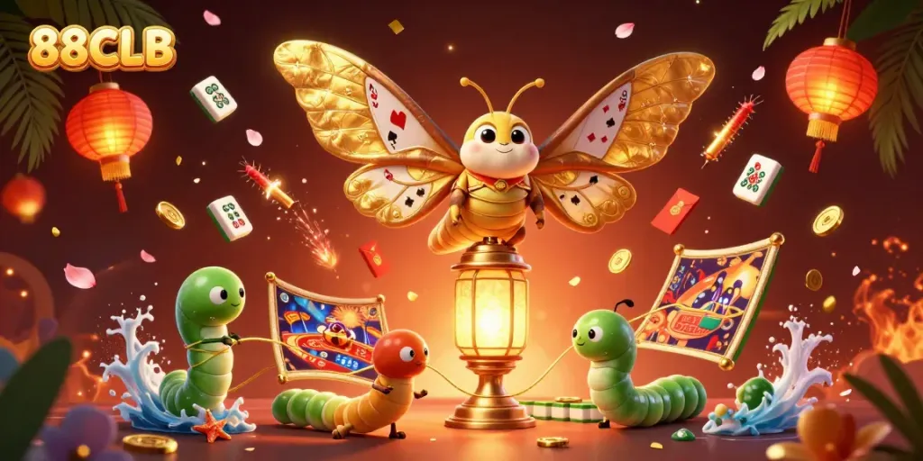 88CLB captivates with vibrant golden moths and dynamic casino elements, showcasing an engaging gaming experience.