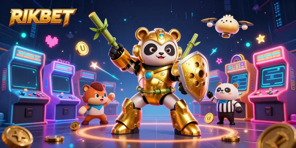 Win big with RIKBET in a vibrant casino scene featuring colorful arcade gaming elements.