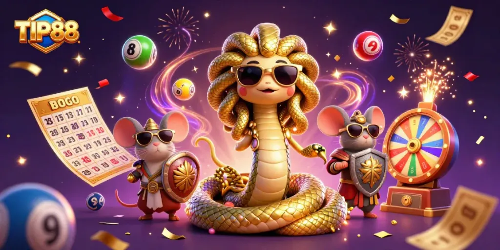 Experience the excitement of TIP88 with a vibrant 3D casino scene featuring thrilling game elements.